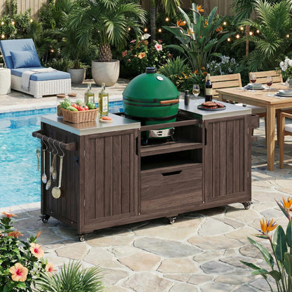 66.5" Fir Wood Grill Cart for Big Green Egg, Outdoor Kitchen Island with Stainless Steel Top, Bar Cart with Adjustable Shelf, Drawer, Hooks & Bottle Opener BBQ Cart for Patio Backyard Garden， Brown