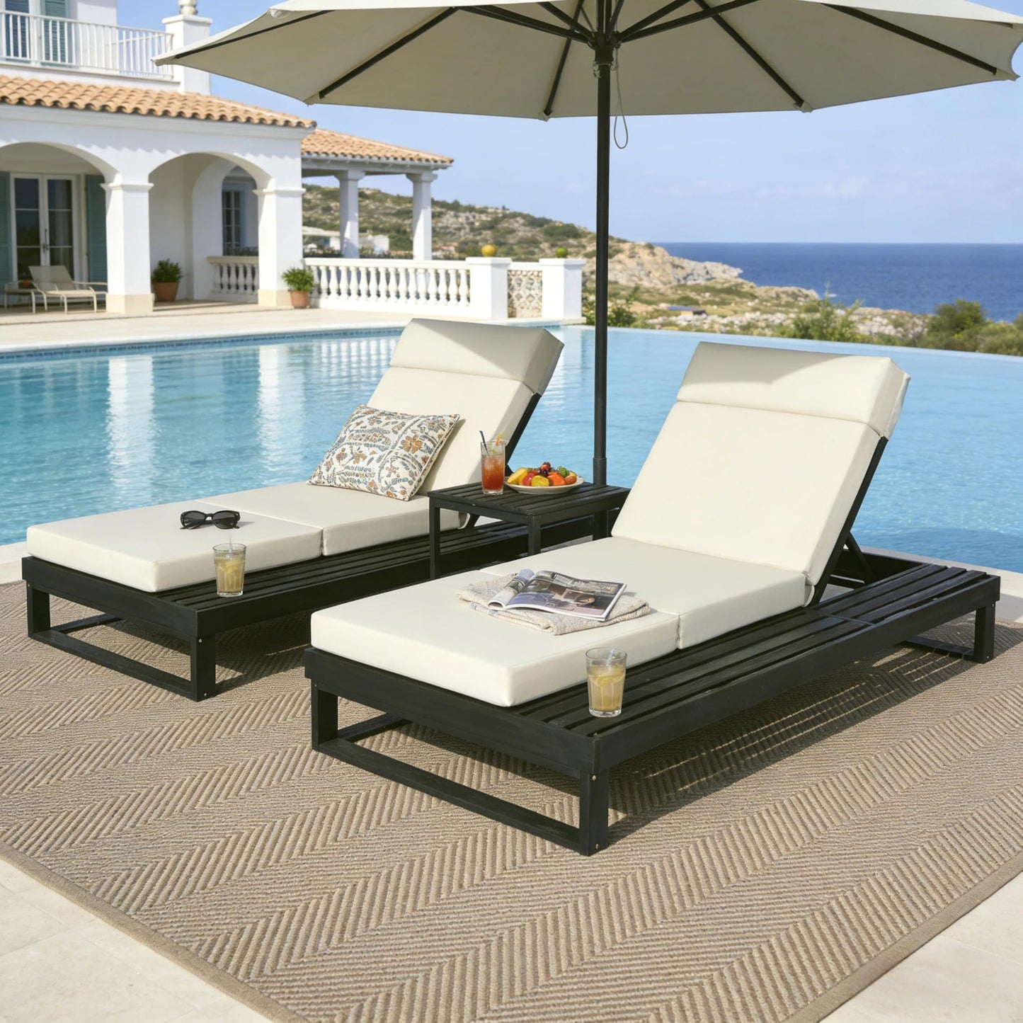 Merax 2 Piece Black Acacia Wood Chaise Lounge with 4-Inch Beige 4-Fold Cushion Set, Adjustable Outdoor Patio Lounger with Flat Side Surface, for Poolside