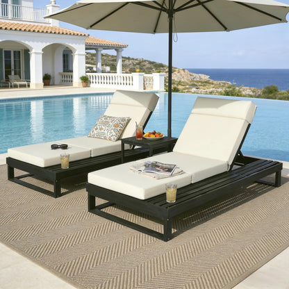 Merax 2 Piece Black Acacia Wood Chaise Lounge with 4-Inch Beige 4-Fold Cushion Set, Adjustable Outdoor Patio Lounger with Flat Side Surface, for Poolside