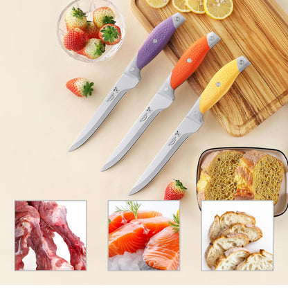 MONGSEW 3PCS Boning Knife, German Stainless Steel Fillet Knives, 6 inch Curved Boning Deboning Filet Fillet Knife for Meat, Fish, Poultry, Cutting, Trimming, Ergonomic Rubber Handle, Dishwasher Safe