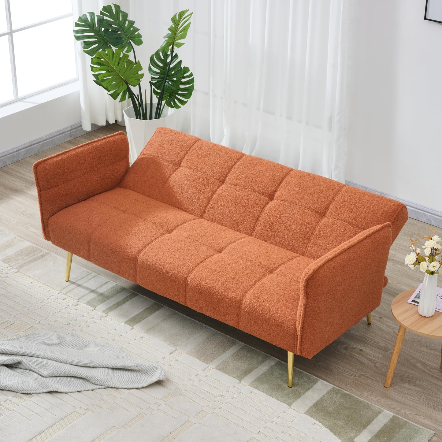 KEIKI 70" Teddy Fleece Convertible Futon Couch, Modern Loveseat Sofa with Adjustable Arms and Backrest, 2 Seater Small Sofa Couch with Metal Legs and Comfy Cushions for Living Room, Orange
