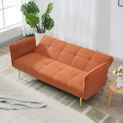KEIKI 70" Teddy Fleece Convertible Futon Couch, Modern Loveseat Sofa with Adjustable Arms and Backrest, 2 Seater Small Sofa Couch with Metal Legs and Comfy Cushions for Living Room, Orange