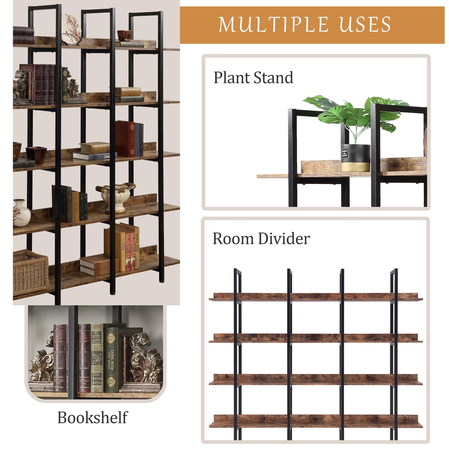 5-Tier Bookcase, Tall Industrial Bookshelf for Home Office, Storage Organizer with Metal Frame, Brown