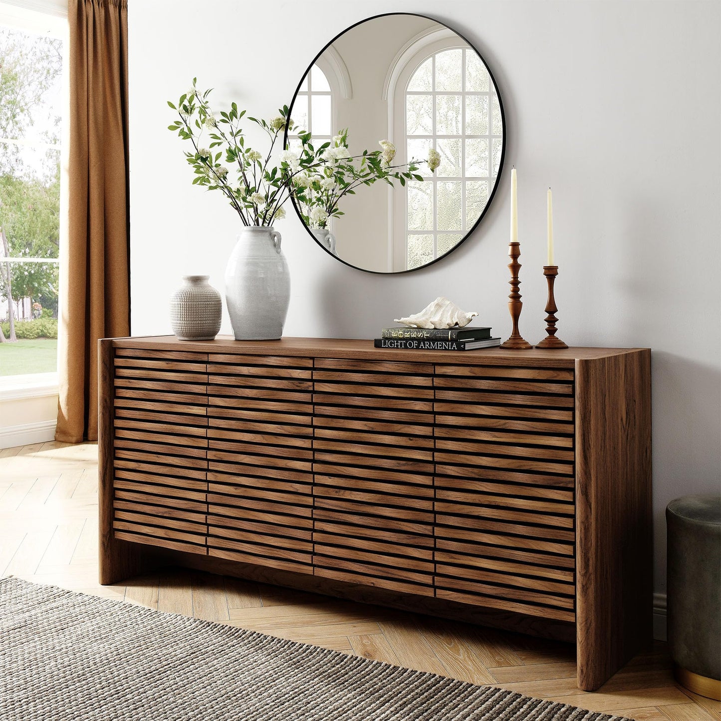 Modway Emric Wave 66-Inch Mid-Century Modern Sideboard Buffet Cabinet in Walnut