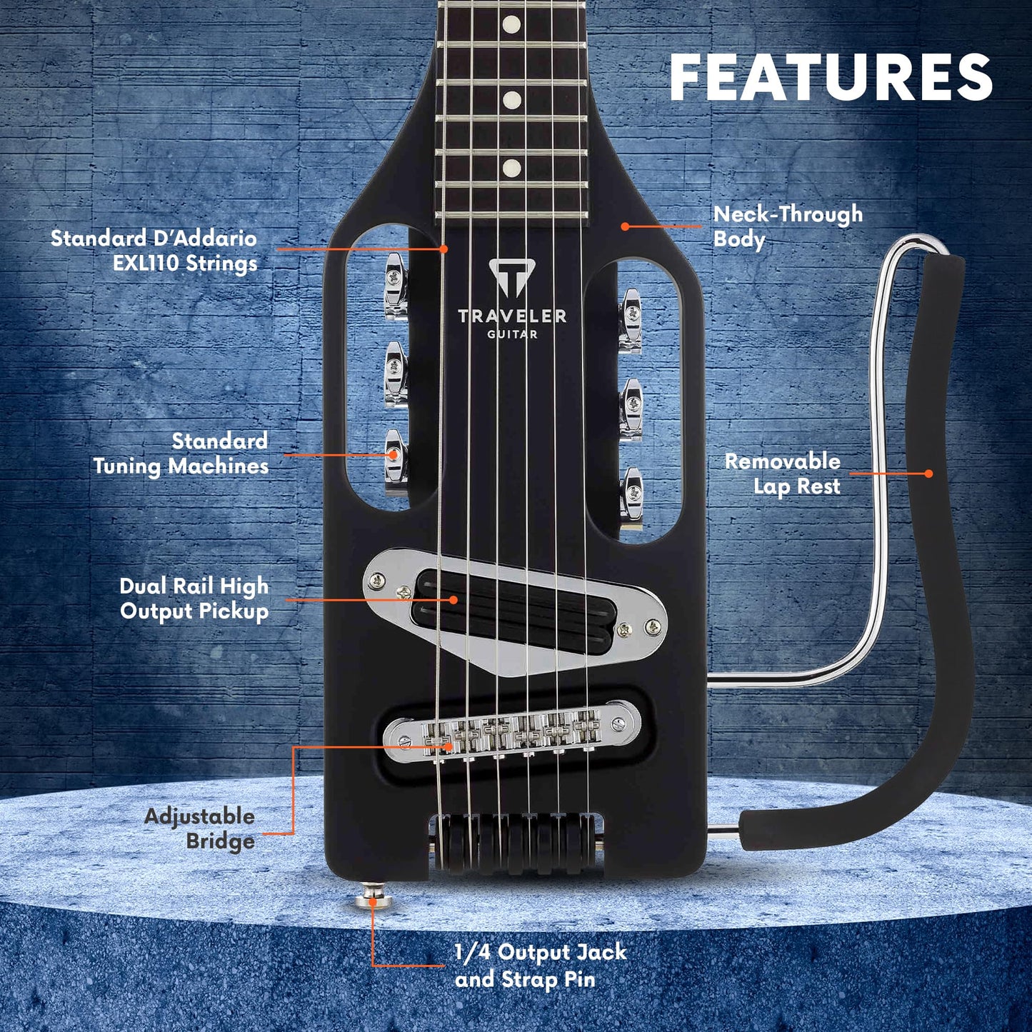 Traveler Guitar Ultra-Light Electric Guitar Matte Black | Portable Electric with Removable Lap Rest | Full 24 3/4" Scale Headless Guitar | Custom Gig Bag Included