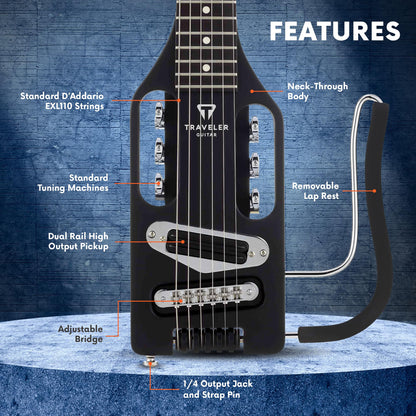 Traveler Guitar Ultra-Light Electric Guitar Matte Black | Portable Electric with Removable Lap Rest | Full 24 3/4" Scale Headless Guitar | Custom Gig Bag Included