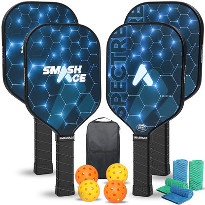 USAPA Approved SmashAce Pickleball Paddles Set Fiberglass Pickle Ball Set Includs Paddles, Balls, Cooling Towels & Portable Carry Bag Perfect Pickleball for Men & Women (Pack of 4 Blue)