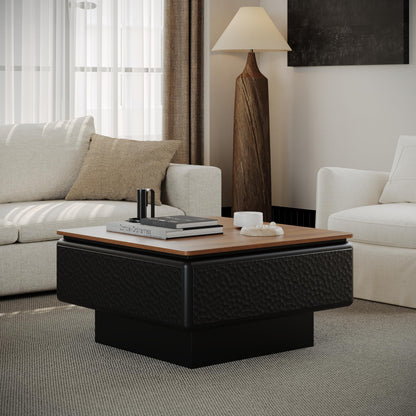 GDFStudio 31" Square Coffee Table with Lift Top Storage, Mid Century Modern Hammered Texture Center Table, Wooden Curved Tea Side Table with Hidden Compartment for Living Room Small Space, Black+Brown