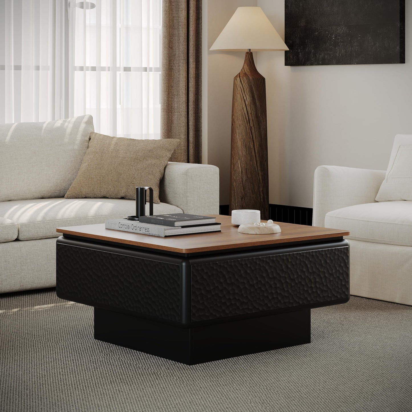 KEIKI 31" Lift-Top Coffee Table with Hidden Storage, Adjustable Height Square Coffee Table, Modern Wood Farmhouse Coffee Table for Living Room, Space-Saving, Black