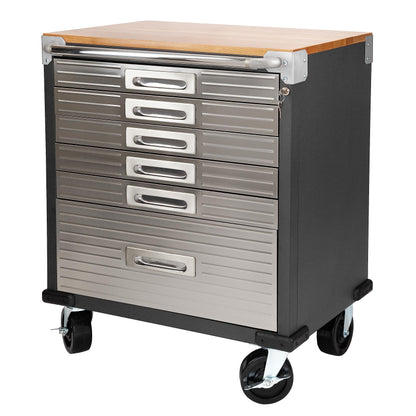 Seville Classics UltraHD Heavy Duty Rolling Cabinet Workbench Table w/Solid Wood Top, Workstation for Garage, Office, Workshop, Graphite, 6-Drawer (28" W x 18" D