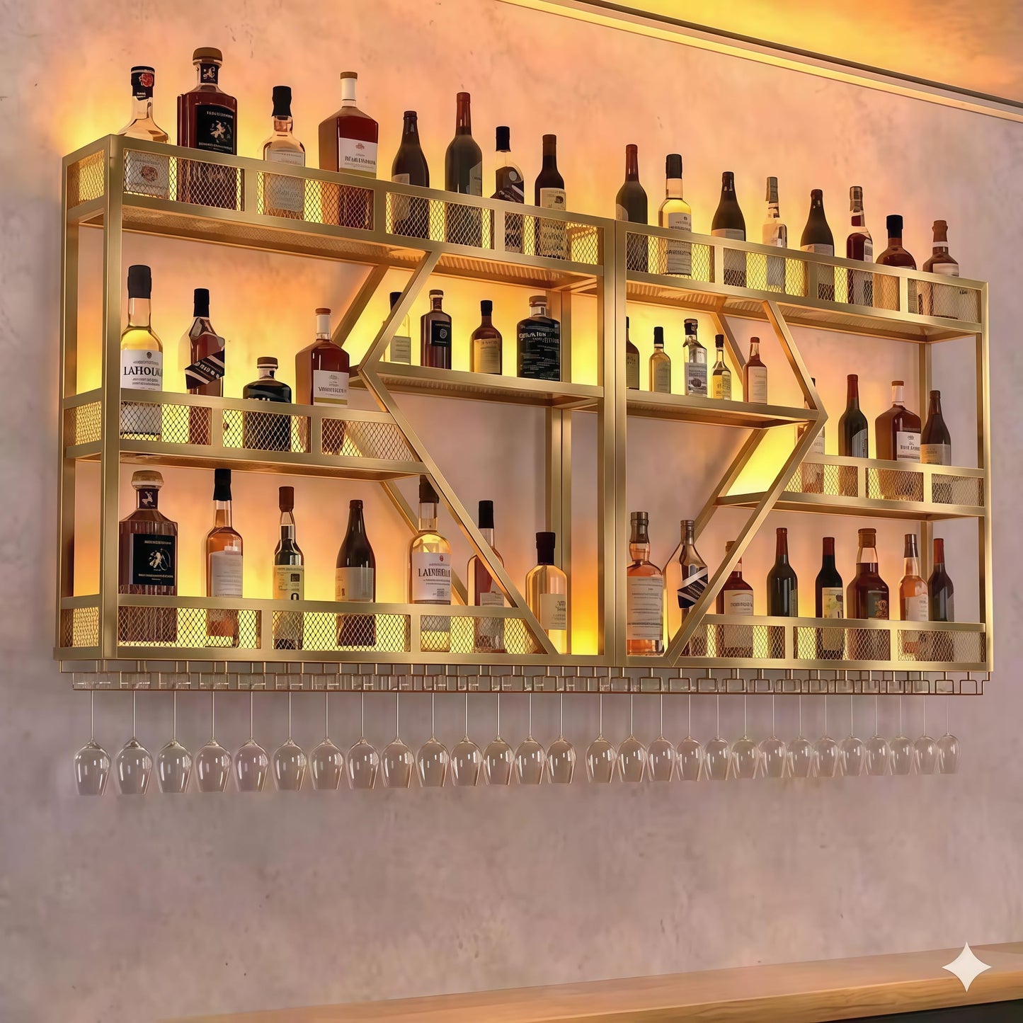 79in Wall Mounted Liquor Shelves with LED Lights, Industrial Metal Wall Bar Rack with Wine Glass Holder, Large Bottle Display Shelf for Home Kitchen (Gold)