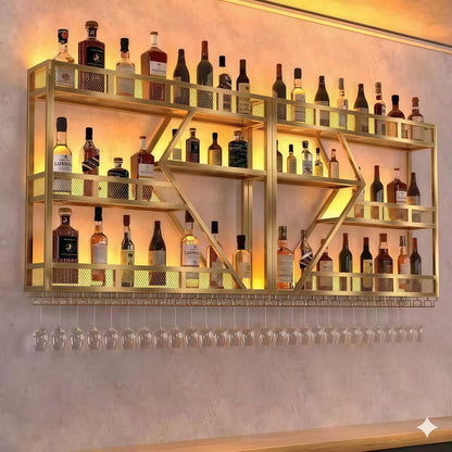 79in Wall Mounted Liquor Shelves with LED Lights, Industrial Metal Wall Bar Rack with Wine Glass Holder, Large Bottle Display Shelf for Home Kitchen (Gold)