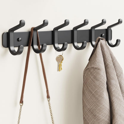 Pickpiff Coat Rack - Heavy-Duty Wall-Mounted Metal Hanger with 6 Hooks for Hats, Clothes & More | Black, 1 Pack