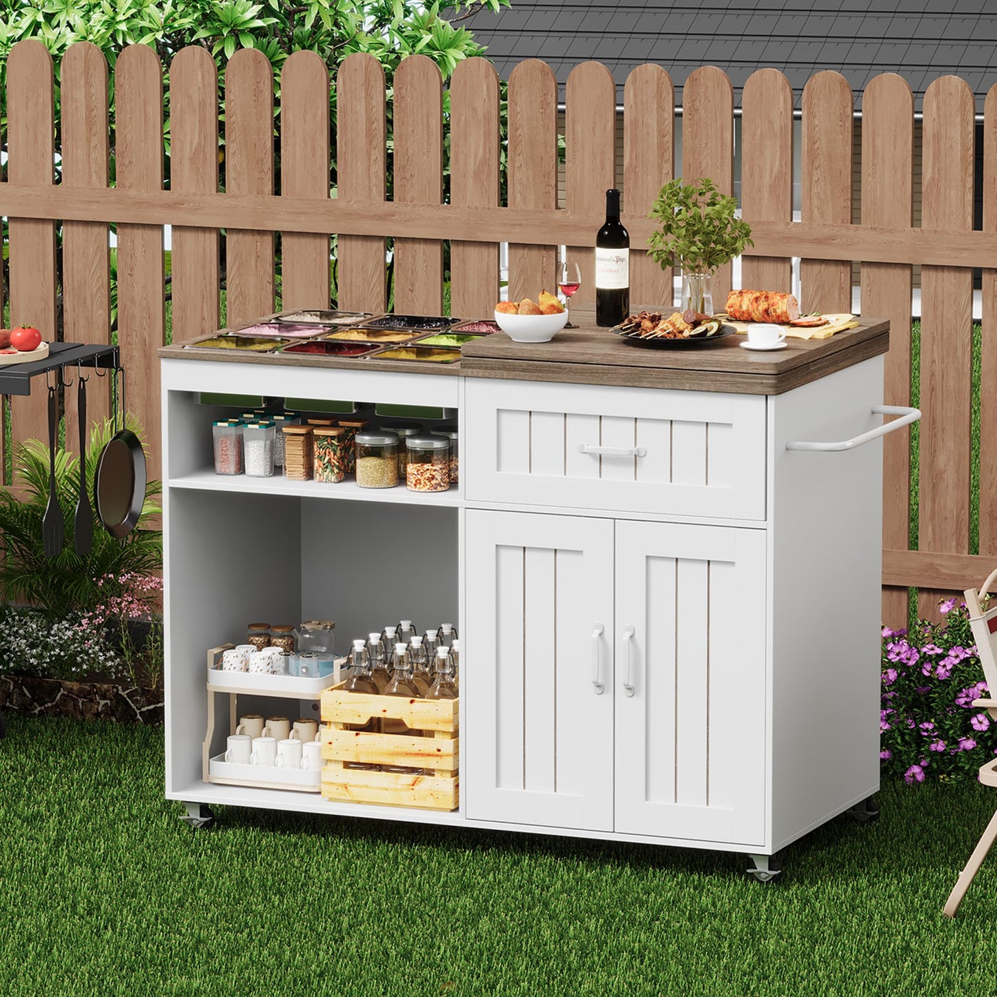 Zethvax 47.2" Foldable Charcuterie Cart with Stainless Steel Food Pans, Dessert Cart with Drawer & Storage Cabinet,Mobile Salad Bar Buffet Station for Home & Party (47.2")