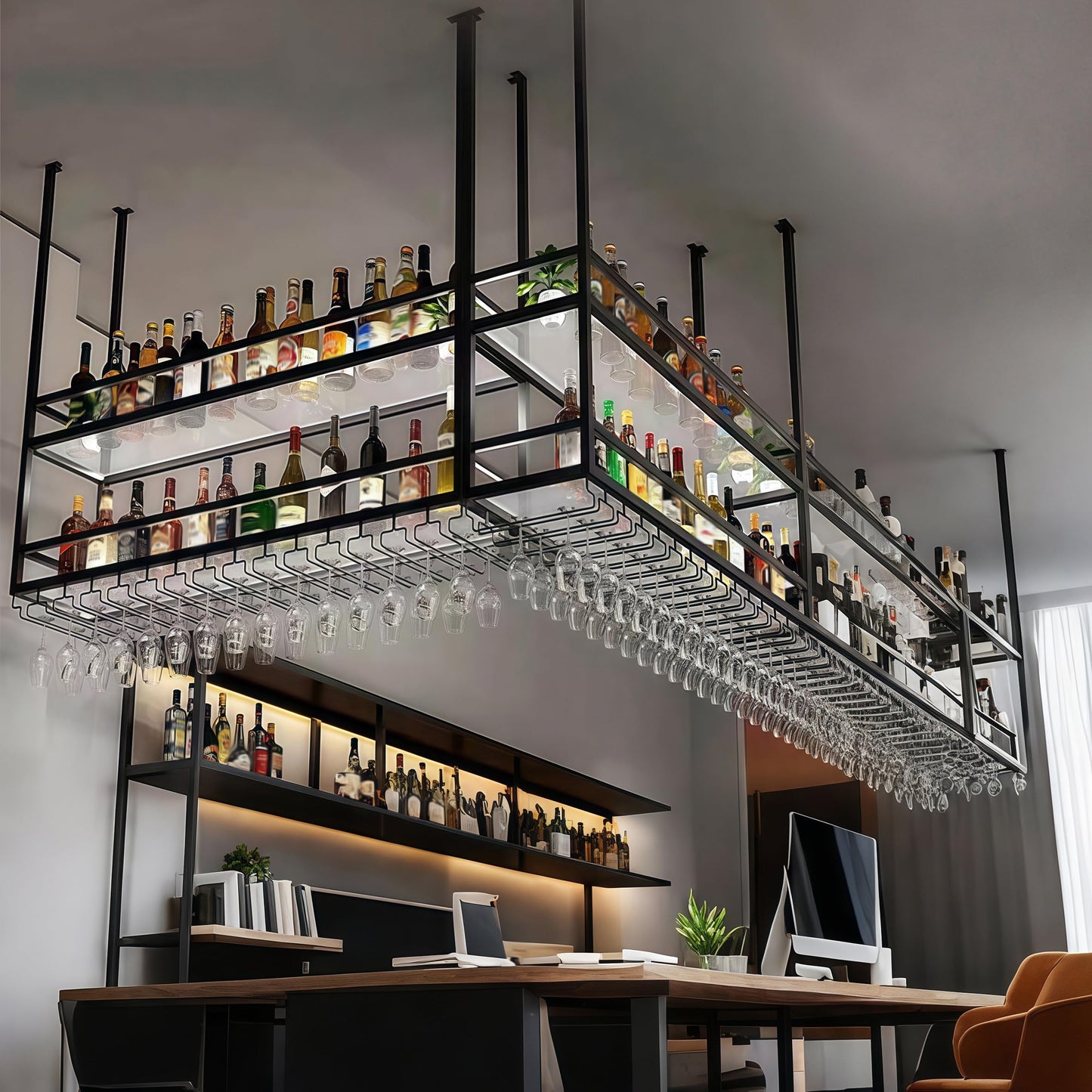 47.2IN Ceiling Wine Glass Rack with light, Acrylic Hanging Wine Rack with Glass Holder and Transparent Shelves, Wine Bottle Holder Goblet Stemware Racks Modern Home Bar Coffee Decor Rack(120CM)