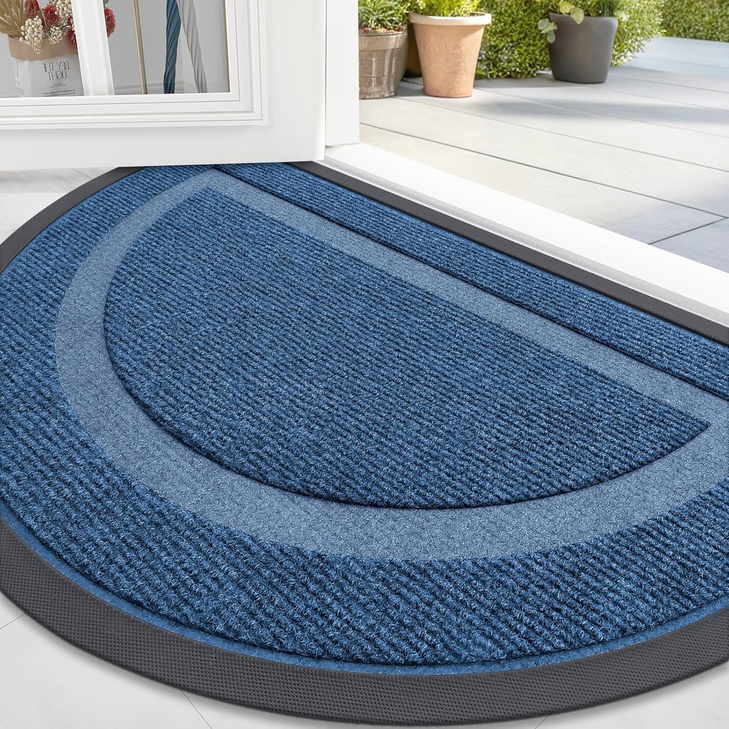 OLANLY Half Circle Door Mat - Waterproof All-Season Indoor/Outdoor Welcome Mat, 47x32, Light Blue