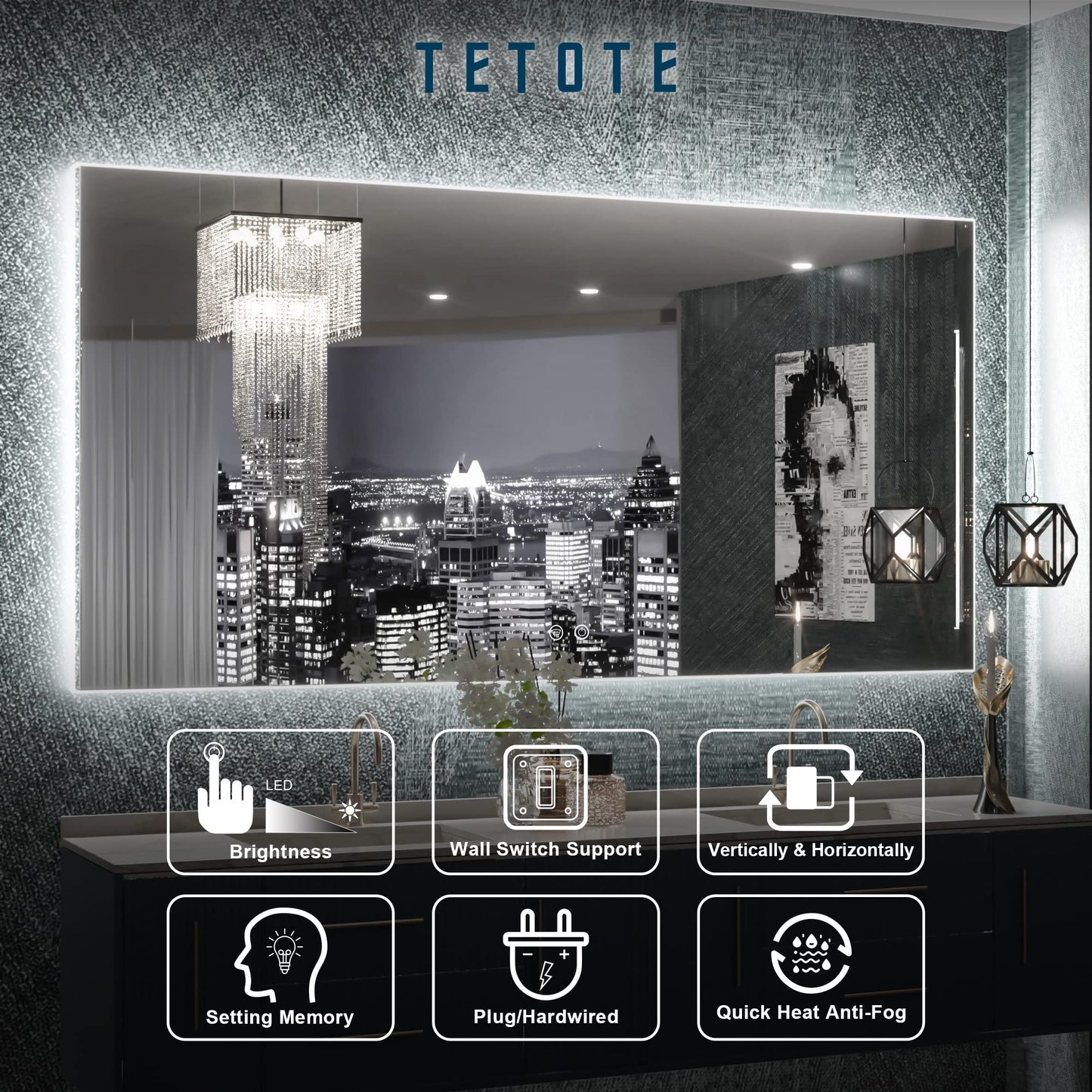 TETOTE 48 x 24 Inch LED Backlit Mirror Bathroom with Light,Anti-Fog,Dimmable,CRI90+,Makeup Vanity Mirror,Lighted Mirror(Horizontal/Vertical)