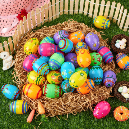 36PCS 2.3" JOYIN Printed Empty Colorful Plastic Eggs Fillable, Bright Plastic Eggs Bulks for Festival Hunt, Filling