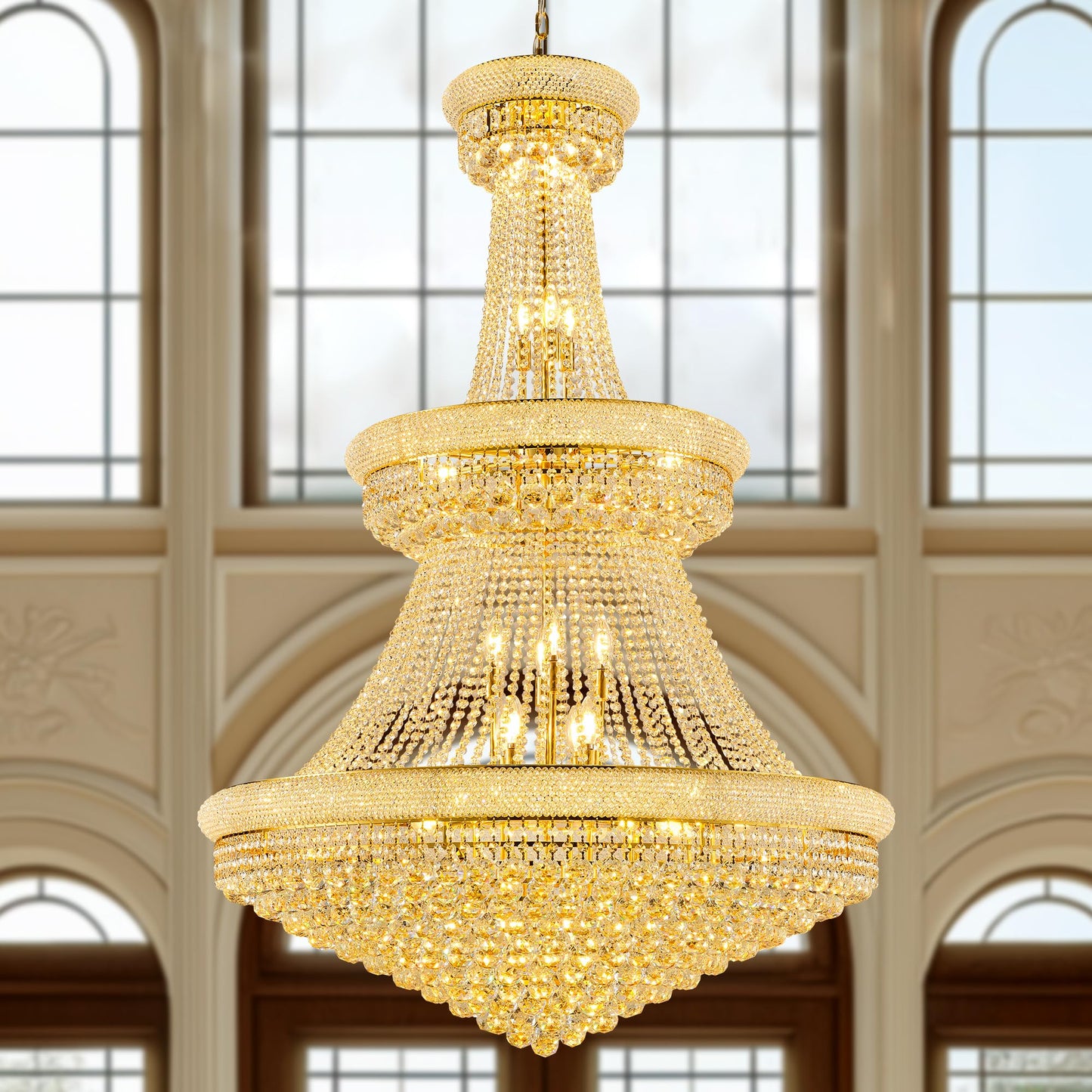 Dvasovio 42'' W Luxury 3-Tier Empire Crystal Chandelier, 36 LED Bulbs, 480 Hand-Strung K9 Crystals (4 Spares), 79-Inch Adjustable Chain, Ideal for Foyer, Staircase, Double-Height Living Room (Gold)