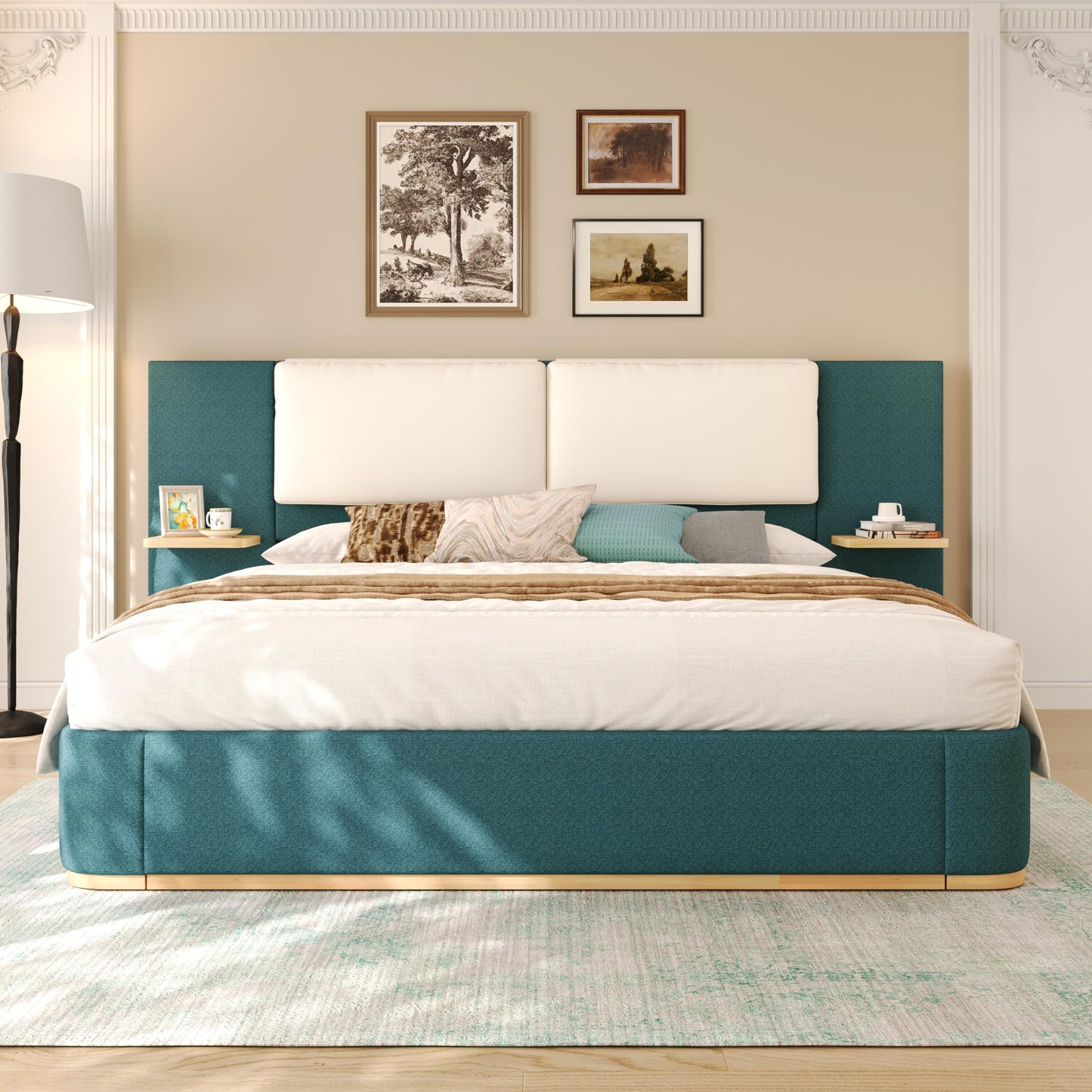 Merax Queen Size Upholstered Platform Bed Frame with Large PU Leather Headboard and Bothside Shelves, Modern Bedroom Furniture & Solid Wood Slats Support, No Box Spring Needed, Easy Assembly, Green