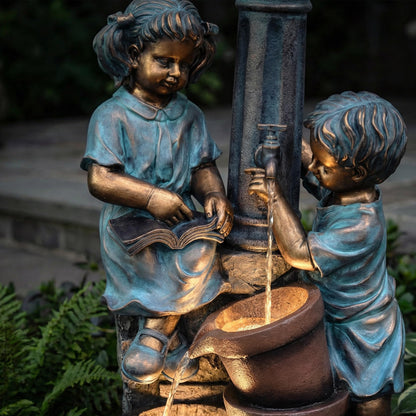 Dalxo 47-Inch Outdoor Water Fountain, 3-Tier Boy and Girl Resin Waterfall Fountain, with Soothing Water Sound & 3 Warm LED Lights, Home Decor for Garden, Patio, Yard, Deck or Lawn in Brown and Blue