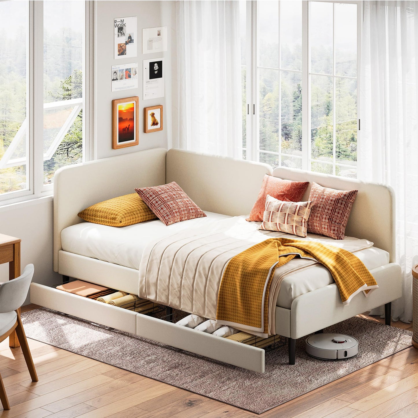 LIKIMIO Twin Daybed with Headboard, Corner Bed Frame with Bed Rails and Storage Drawers, Solid Support, for Bedroom Guest Room, Cream