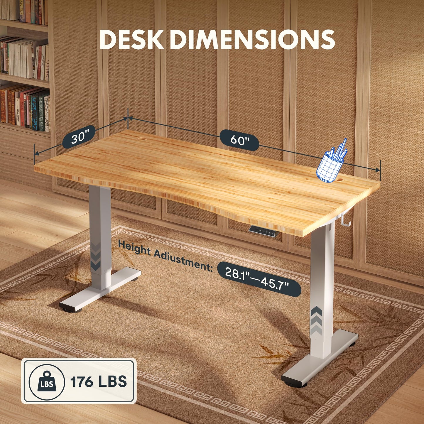 FLEXISPOT Solid Wood Standing Desk, One-Piece Real Wood Desktop, Electric Height Adjustable Desk for Home Office, 176 LBS Capacity (60"x30" Curved Bamboo, Silver Frame)
