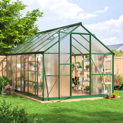 AirWire 8×12 FT Walk-in Greenhouse for Outdoors, Polycarbonate Greenhouse Kit with Roof Vent, Large Heavy Duty Green Houses for Outside Backyard Patio Garden, Green