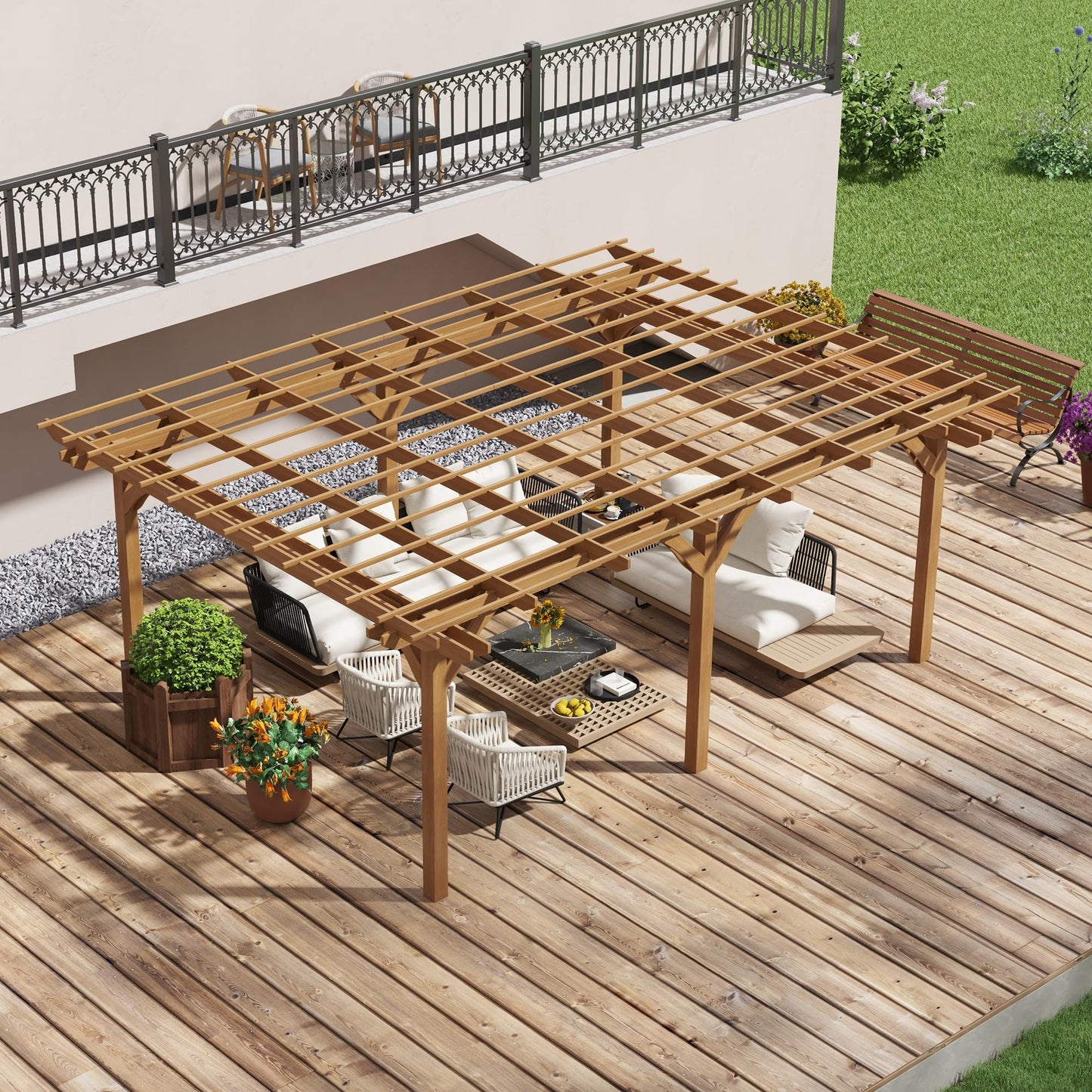Outsunny 12' x 16' Outdoor Pergola, Wood Gazebo Grape Trellis with Stable Structure for Climbing Plant Support, Garden, Patio, Backyard, Deck, Brown