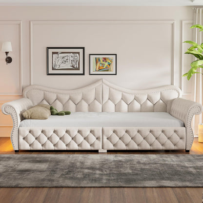 Merax Queen Size Upholstered Daybed with LED Lights, Convertible Sofa Bed, Tufted Daybed with Nailhead Trim, Wooden Frame Guest Bed for Living Room Bedroom, Beige