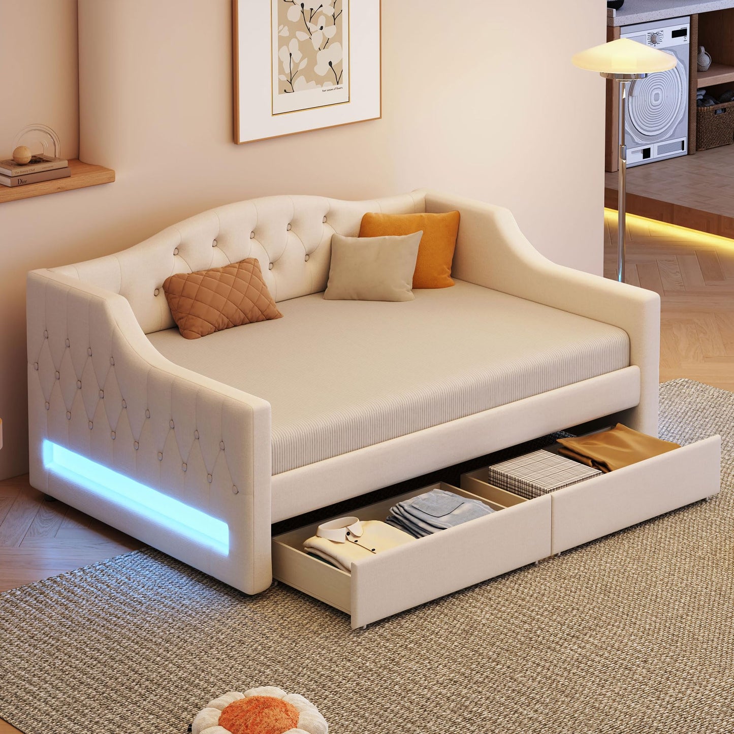 DNYN Twin XL Upholstered Daybed with Storage Drawers for Kids,Adults,Solid Wood Bedframe w/Led & Fabric Backrest Design,No Box Spring Needed & Easy Assembly, Beige