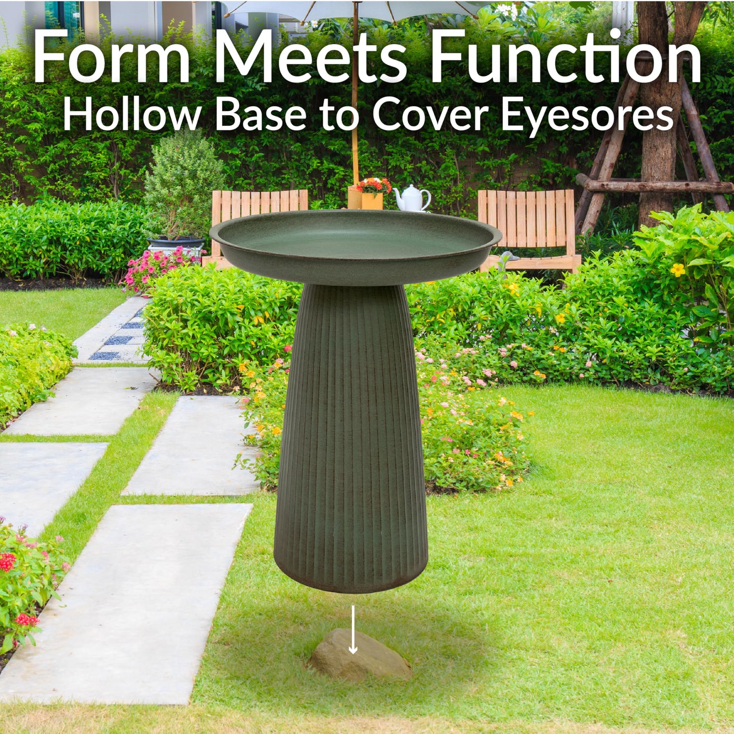 Sunnydaze Gleeful Garden 23" Iron Pedestal Bird Bath for Outside - Modern Shallow Basin Birdbath for Outdoors with UV-Protected Rust-Resistant Finish for Patio, Garden, Yard Decor - Matte Green