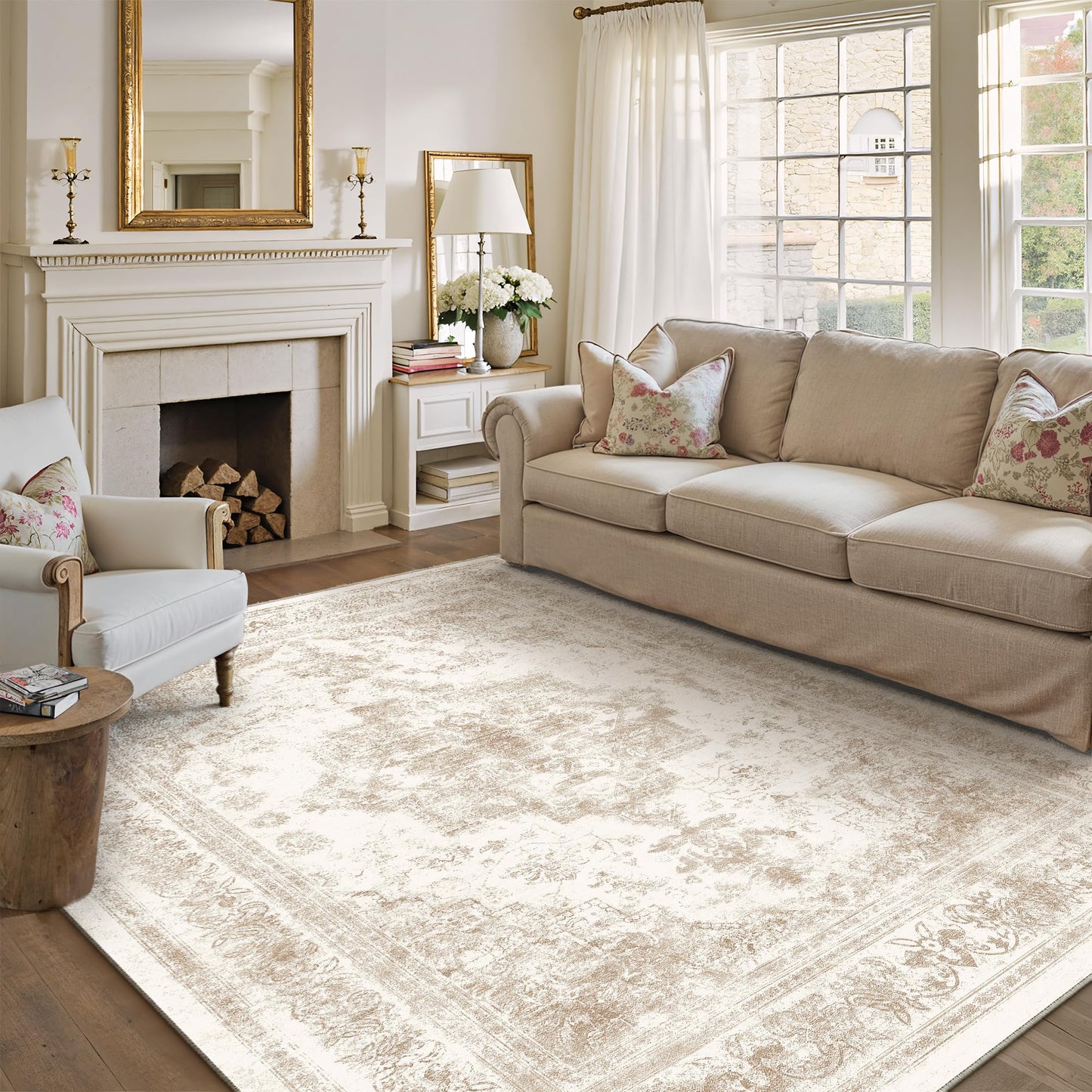 PureCozy Area Rug 10x14 Cream Washable Living Room Beige Carpet Non Slip Vintage Medallion Indoor Bedroom Beige Carpet Low Pile Soft Retro Distressed Large Rug Home Office Dining Room Playroom