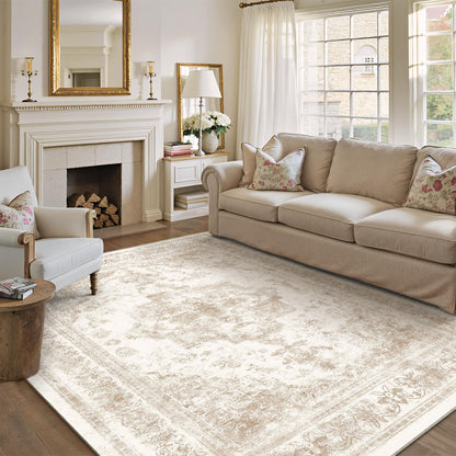 PureCozy Area Rug 10x14 Cream Washable Living Room Beige Carpet Non Slip Vintage Medallion Indoor Bedroom Beige Carpet Low Pile Soft Retro Distressed Large Rug Home Office Dining Room Playroom