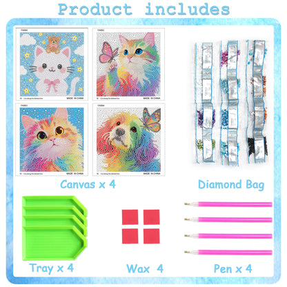 geesfayan 4 Pack Diamond Art Kit for Kids 6 Inch DIY Animal Gem Art with 4 Tools Sets, Gem Painting for Beginners, Creative Craft Gift for Teens & Kids（cat Dog）