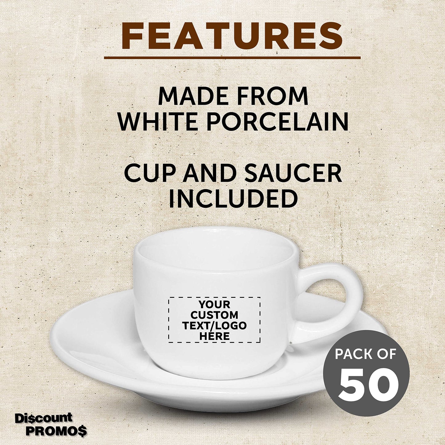 Custom Porcelain Espresso Cups with Saucer 2.5 oz. Set of 50, Personalized Bulk Pack - Perfect for Coffee, Tea, Espresso, Hot Cocoa, Other Beverages - White