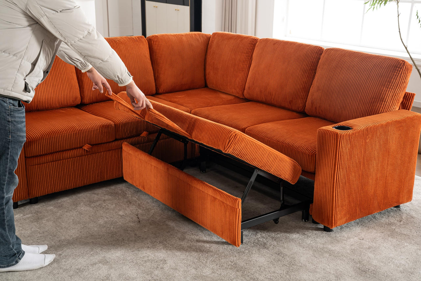 KEIKI 83" 4Seat Modular Sectional Sleeper Pull Out Bed Corduroy Sofa Couch with Chaise Storage Reversible USB Cup Holders for Creative Studio Modern Soft Bedroom Family Friendly Quality Design Orange