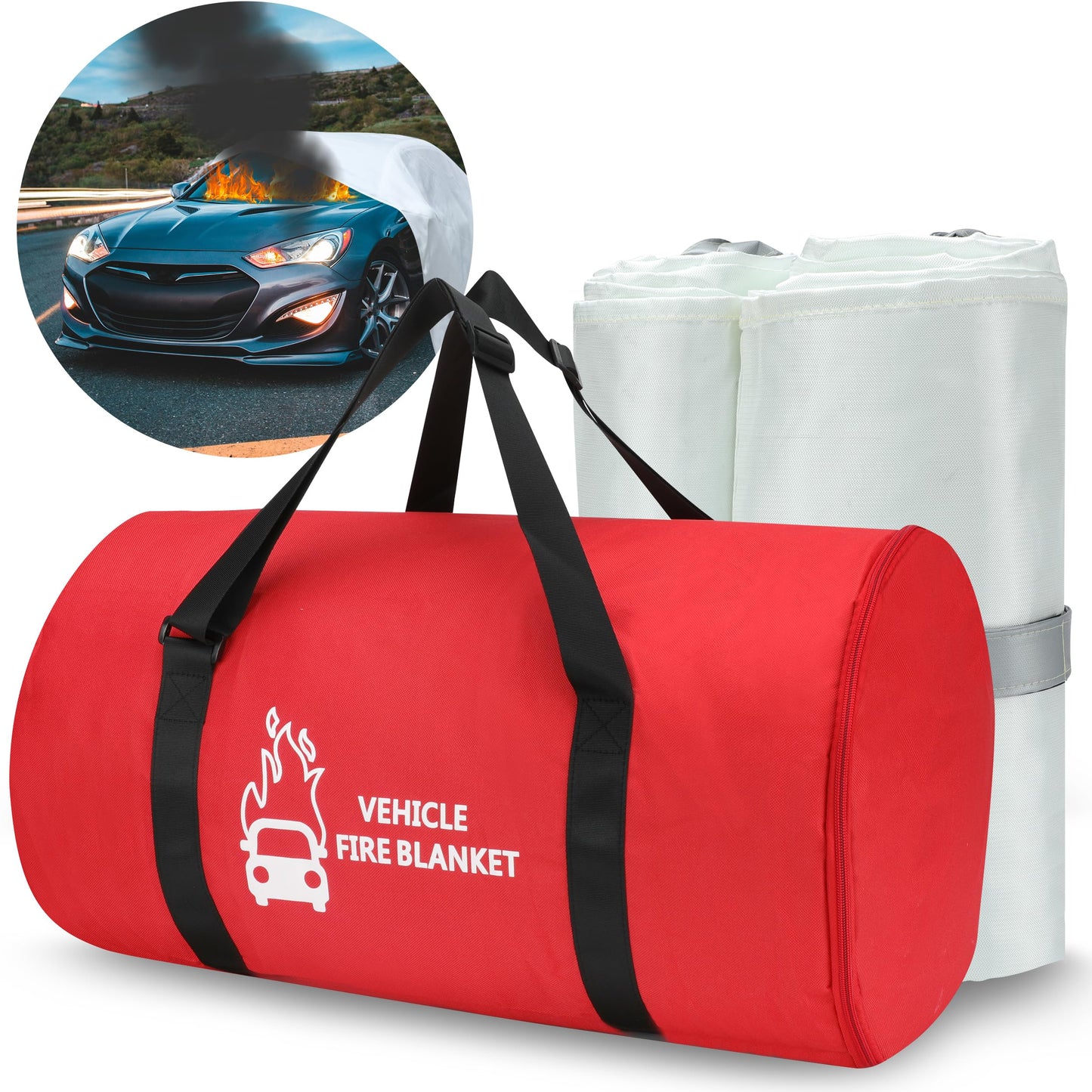 Azazccm Emergency Fire Blanket for Car, Large Fiberglass Fire Suppression Blanket, Survival Safety for Electric Vehicle Truck Automotive Conflagration (13.12x19.68FT), White