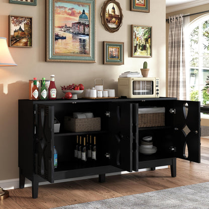 KEIKI 60.5'' Buffet Cabinet with Storage, Farmhouse Fluted Sideboard with Geometric Pattern & Adjustable Shelves, Mid Century Modern TV Stand for Living Room Kitchen Dining Room Entryway, Black