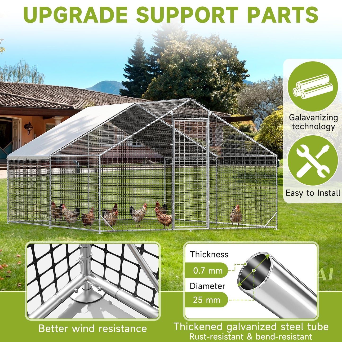 Large Walk-in Chicken Coop with Chicken Run, Galvanized Poultry Enclosure with Waterproof Anti-UV Cover and Security Lock, Ideal for Rabbit, Duck, Backyard and Farm Yard，13.1'x 9.8'x 6.6'