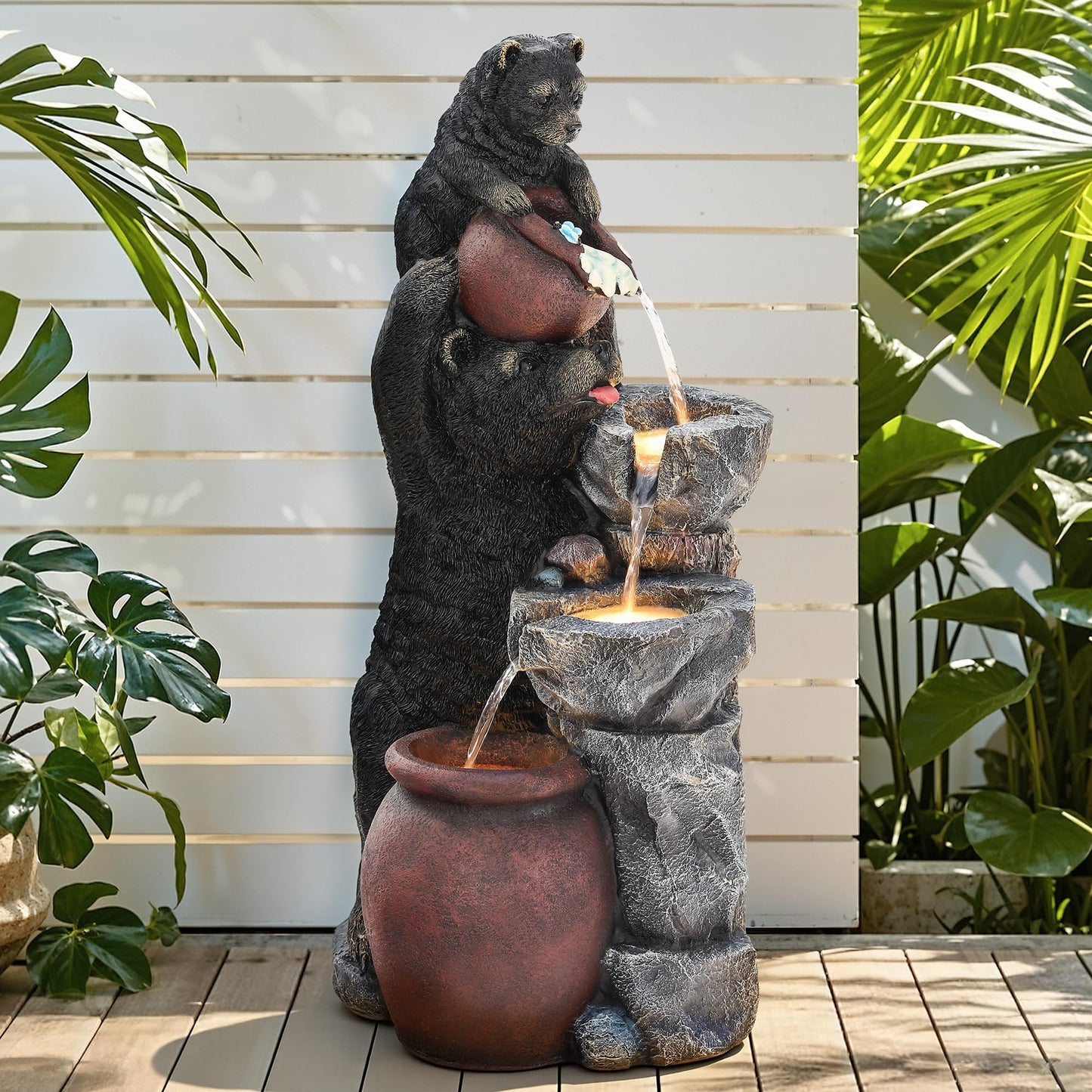 Ultym 37.5" H Resin Playful Twin Bear Fountain Outdoor, Whimsical Multi-Tiered Stone Vessel Water Feature Outdoor with Lights, Soothing Cascading Waterfall for Patio, Backyard, Garden or Porch