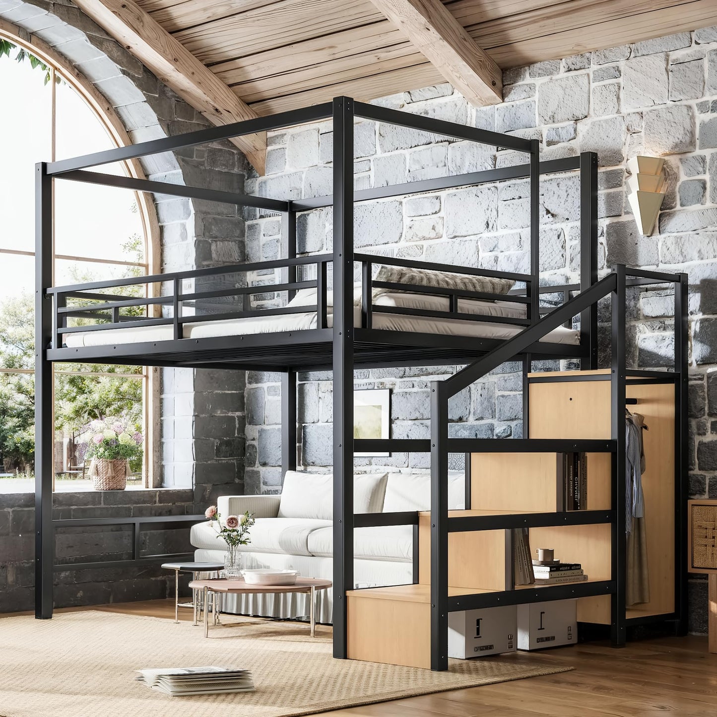 KEIKI Queen Size Metal Loft Bed Frame with with Canopy Frame & Storage Staircase & Wardrobe, Modern Loft Bed with Solid Slats & Guardrail, No Box Spring Required, Easy Assembly, for Bedroom, Black