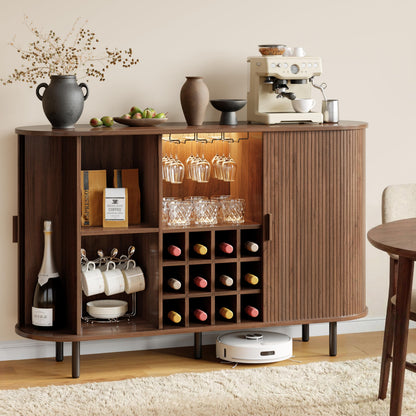 55" Wine Cabinet, Fluted Coffee Bar Cabinet with LED Light, Modern Liquor Coffee Station with Power Outlet, Wine Rack & Glass Holder, Sliding Door Buffet Sideboard Table for Kitchen, Entryway, Walnut