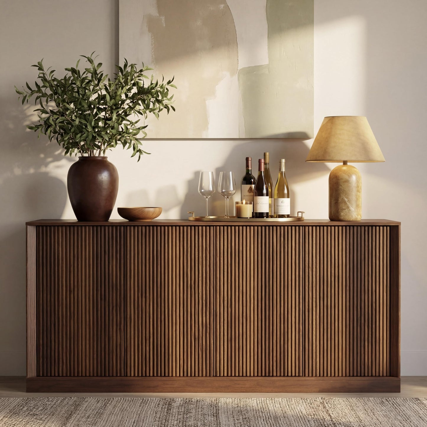 Yaxuordev 63" Sideboard Buffet Cabinet - Black Walnut with Wave Pattern Doors | Mid-Century Modern Credenza Storage for Dining Room, Living Room, Kitchen | TV Stand Console Coffee Bar