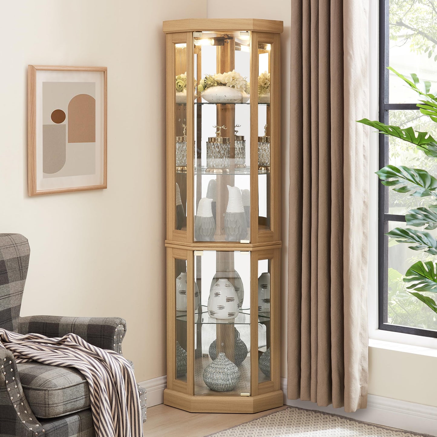 KEIKI 70" Corner Glass Display Cabinet with Adjustable Shelves, for Collectibles, Storage Curio Cabinet with Side-Hung Pane Doors, 5-Tier Showcase Display Case, Easy Assembly, for Living Room, Oak
