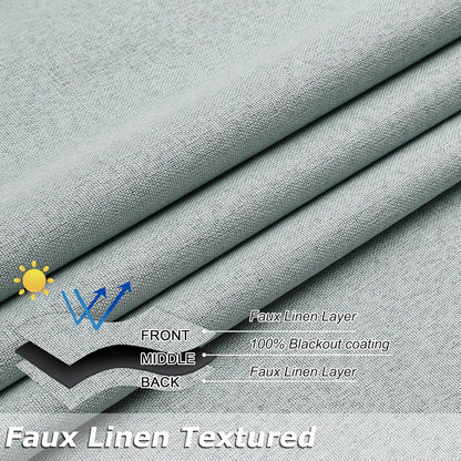 THOOO 100% Blackout Curtains - Natural Linen Texture | 84-Inch Thermal Insulated Grommet Panels in Sage Green for Bedroom & Nursery