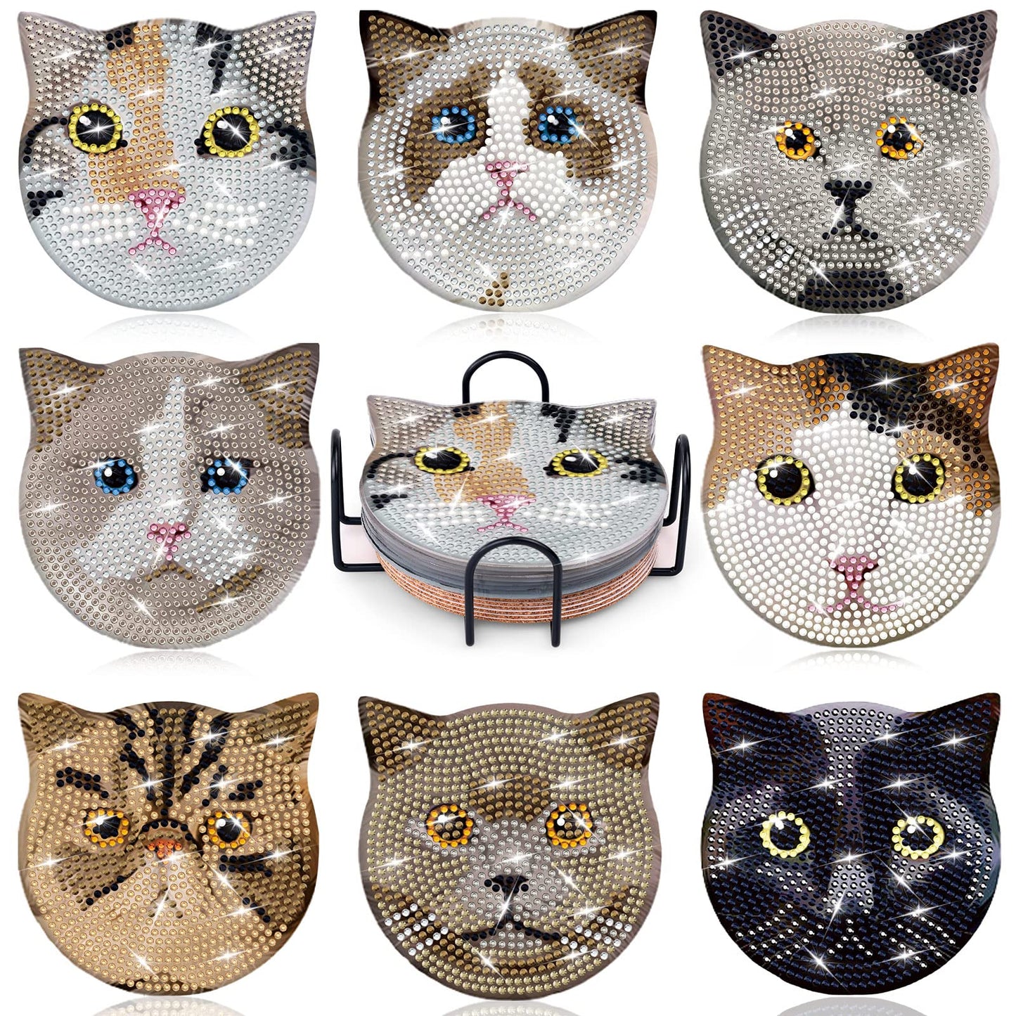 Billbotk 8 Pieces Diamond Painting Coasters Kit with Holder, Diamond Art Coasters, DIY Diamond Art Crafts Projects, Diamond Dot Kits for Adults and Beginners(Cat Style)