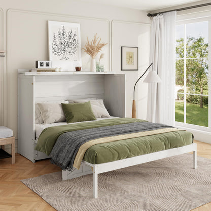 Merax Queen Size Murphy Bed Cabinet with Charging Station and Storage Drawer, Wooden Foldable Platform Bed Frame for Home Office Small Room, White