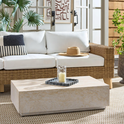 SAFAVIEH Outdoor - Tina Rectangle Coffee Table - Travertine-Effect - Fully Assembled - Weather Resistant - Ideal for Deck, Patio, Backyard, 39.4" W x 23.6" D x 10.6" H (PAT6213A)