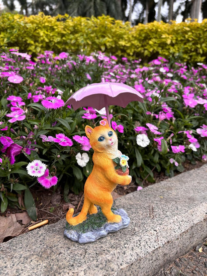Yaoemei Cat Statue, Garden Kitty Cat Sculpture Holding Flower Pot with Umbrella, Outdoor Cat Home Decor for Yard Patio